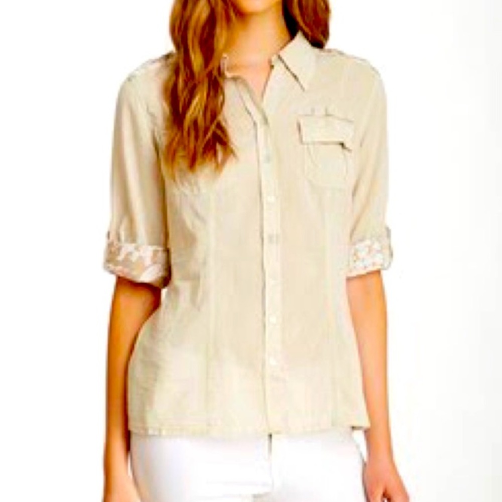 Da-Nang Woven Mastic Button Up Blouse • Tan Floral Trim • Roll Tab Sleeves